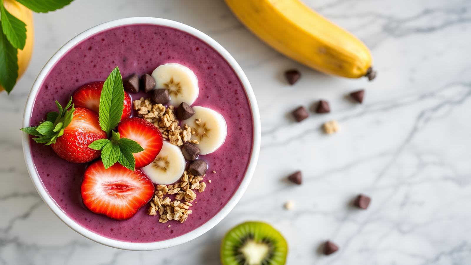 Tigela de açaí cremoso com frutas frescas e granola
